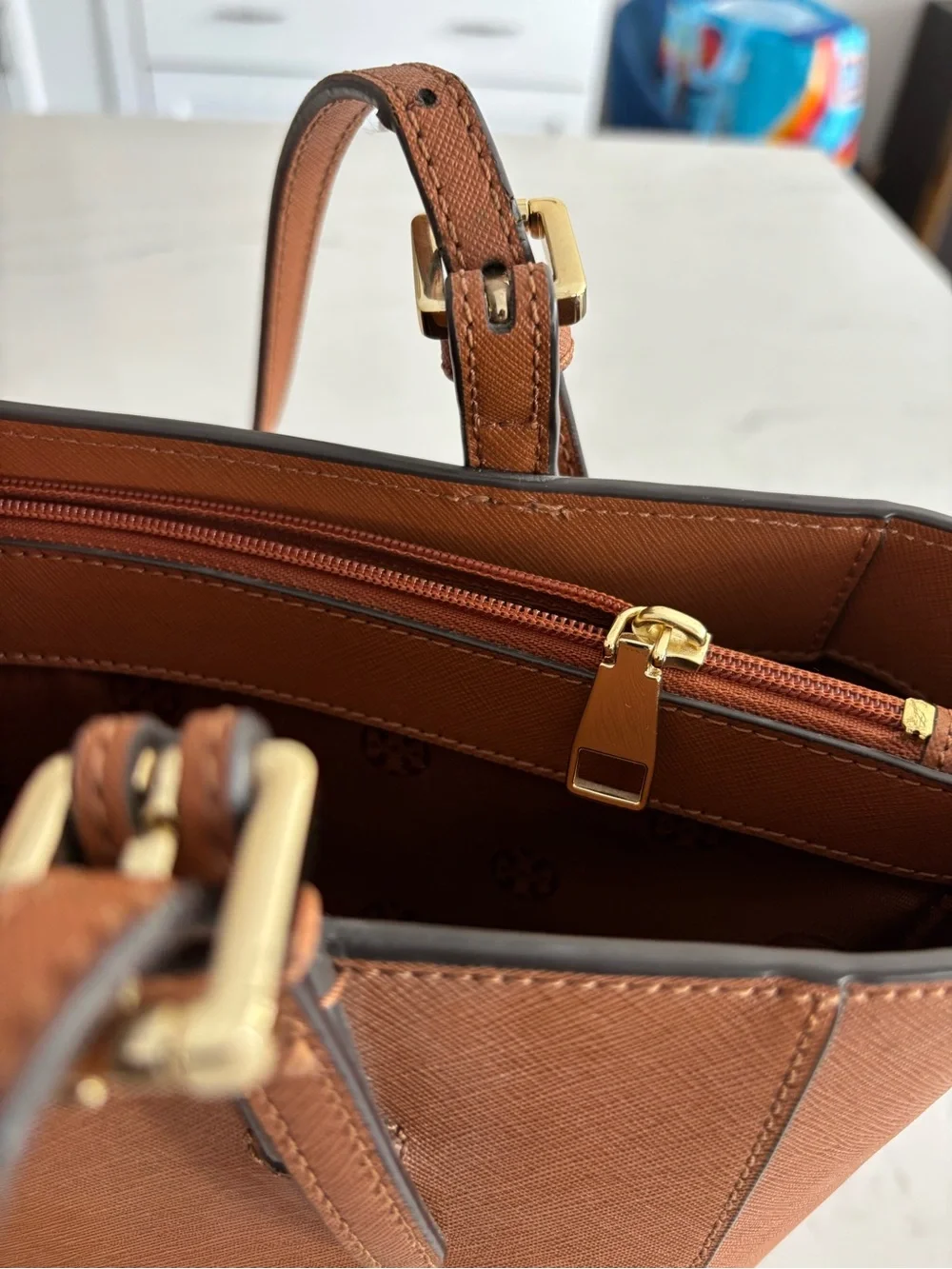 Tory Burch Saffiano Leather Tote in Cognac with Gold Logo